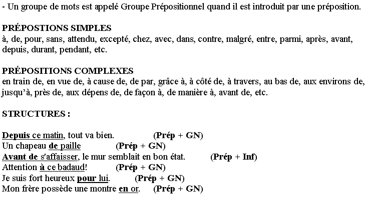 Zone de Texte: - Un groupe de mots est appel� Groupe Pr�positionnel quand il est introduit par une pr�position.
PR�POSTIONS SIMPLES	�, de, pour, sans, attendu, except�, chez, avec, dans, contre, malgr�, entre, parmi, apr�s, avant, depuis, durant, pendant, etc.
PR�POSITIONS COMPLEXESen train de, en vue de, � cause de, de par, gr�ce �, � c�t� de, � travers, au bas de, aux environs de, jusqu��, pr�s de, aux d�pens de, de fa�on �, de mani�re �, avant de, etc.
STRUCTURES�:
Depuis ce matin, tout va bien.           	(Pr�p + GN)Un chapeau de paille          	(Pr�p + GN)Avant de s'affaisser, le mur semblait en bon �tat.    	(Pr�p + Inf)Attention � ce badaud!      	(Pr�p + GN)Je suis fort heureux pour lui.    	(Pr�p + GN)Mon fr�re poss�de une montre en or.    	(Pr�p + GN)