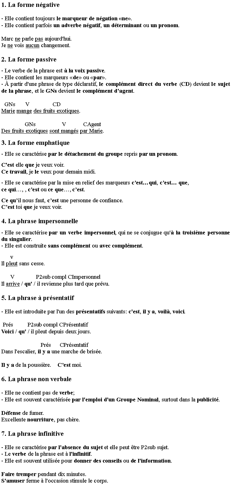 Zone de Texte: 1. La forme n�gative 
- Elle contient toujours le marqueur de n�gation �ne�. - Elle contient parfois un adverbe n�gatif, un d�terminant ou un pronom. 
Marc ne parle pas aujourd'hui. Je ne vois aucun changement. 
2. La forme passive 
- Le verbe de la phrase est � la voix passive.- Elle contient les marqueurs �de� ou �par�.- � partir d'une phrase de type d�claratif, le compl�ment direct du verbe (CD) devient le sujet de la phrase, et le GNs devient le compl�ment d'agent. 
  GNs       V                CDMarie mange des fruits exotiques. 
                GNs                  V            CAgentDes fruits exotiques sont mang�s par Marie. 
3. La forme emphatique 
- Elle se caract�rise par le d�tachement du groupe repris par un pronom. 
C'est elle que je veux voir. Ce travail, je le veux pour demain midi. 
- Elle se caract�rise par la mise en relief des marqueurs c�est�qui, c�est� que,ce qui�, , c�est ou ce que�, c�est.
Ce qu�il nous faut, c�est une personne de confiance.C�est toi que je veux voir.
4. La phrase impersonnelle 
- Elle se caract�rise par un verbe impersonnel, qui ne se conjugue qu'� la troisi�me personne du singulier.- Elle est construite sans compl�ment ou avec compl�ment. 
      vIl pleut sans cesse. 
      V               P2sub compl CImpersonnel      Il arrive / qu' / il revienne plus tard que pr�vu. 
5. La phrase � pr�sentatif 
- Elle est introduite par l'un des pr�sentatifs suivants: c'est, il y a, voil�, voici.
 Pr�s          P2sub compl CPr�sentatifVoici / qu' / il pleut depuis deux jours. 
                           Pr�s      CPr�sentatif   Dans l'escalier, il y a une marche de bris�e. 
Il y a de la poussi�re.    C�est moi.
6. La phrase non verbale 
- Elle ne contient pas de verbe; - Elle est souvent caract�ris�e par l'emploi d'un Groupe Nominal, surtout dans la publicit�.
D�fense de fumer. Excellente nourriture, pas ch�re. 
7. La phrase infinitive 
- Elle se caract�rise par l'absence du sujet et elle peut �tre P2sub sujet.- Le verbe de la phrase est � l'infinitif.- Elle est souvent utilis�e pour donner des conseils ou de l'information. 
Faire tremper pendant dix minutes. S'amuser ferme � l'occasion stimule le corps.